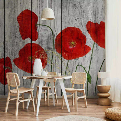 Wall Murals - red poppones on gray tree texture, 69973g-art