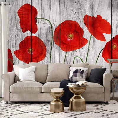 Wall Murals - red poppones on gray tree texture, 69973g-art