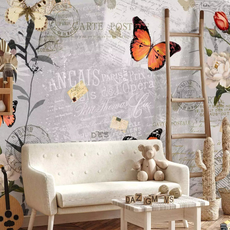 Wall Murals - Butterflies on a gray and white background with inscriptions and flowers G-ART