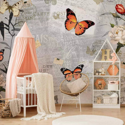 Wall Murals - Butterflies on a gray and white background with inscriptions and flowers G-ART