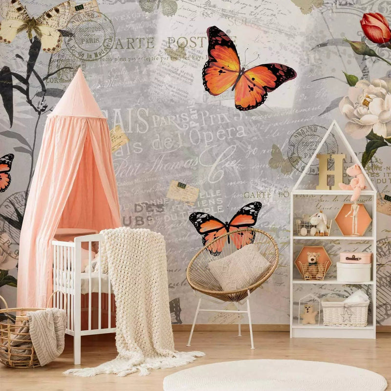 Wall Murals - Butterflies on a gray and white background with inscriptions and flowers G-ART