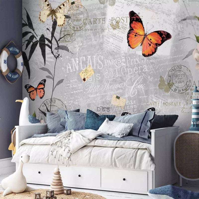 Wall Murals - Butterflies on a gray and white background with inscriptions and flowers G-ART