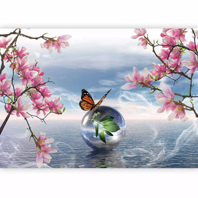 Fototapetes - tauriņš uz bumbiņas uz jūras un magnolijas fona, 61301 G-ART