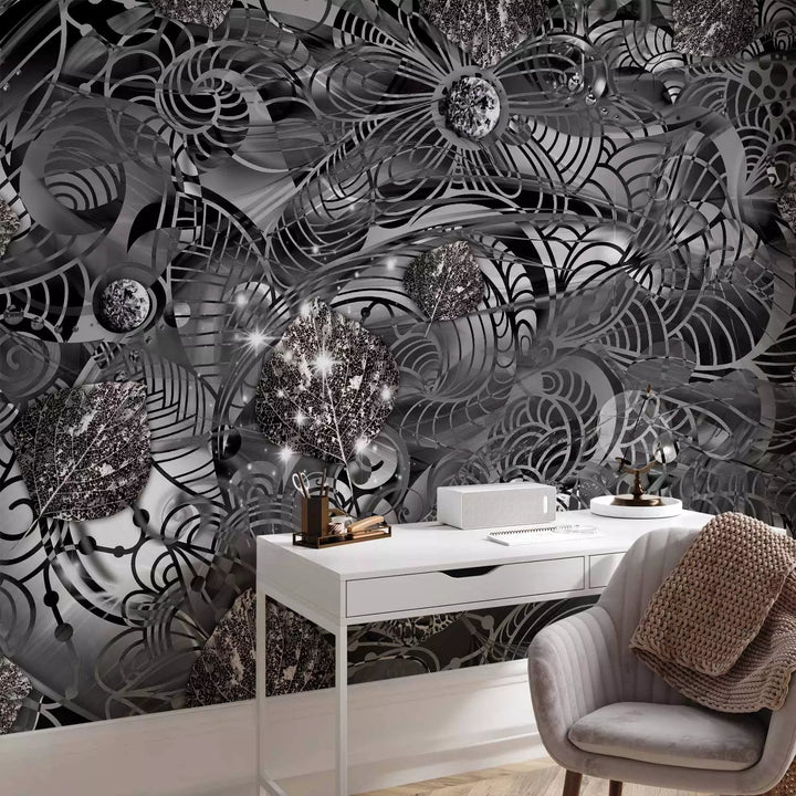 Fototapetes  - abstrakcija ar ziediem no liekta metāla - melnā G-ART