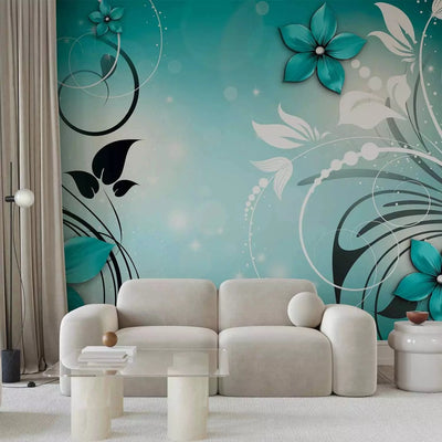 Wall Murals with floral motifs in turquoise color - unscented G-ART