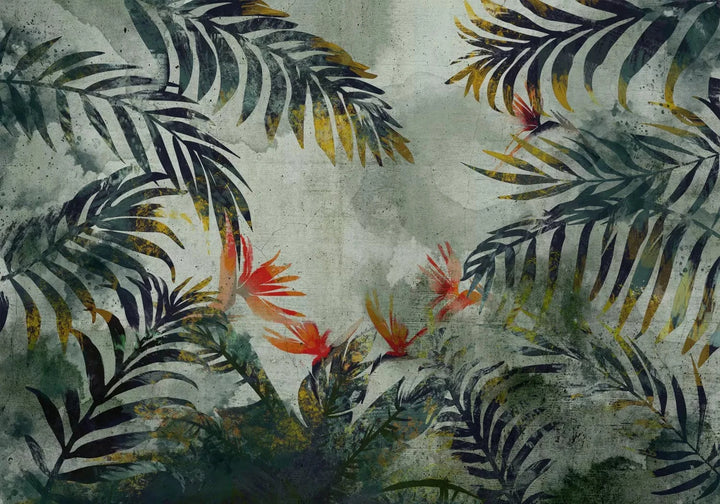 Fototapetes topiskā stilā - Džungļu ziedi - interjers zaļos toņos G-ART