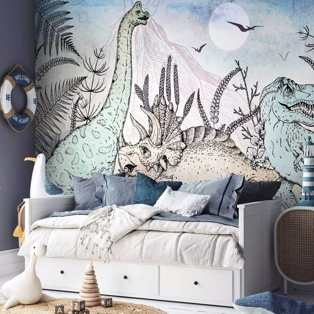 Fototapetes ar dinozauriem - Trikeratops, tiranozaurs un diplodokss G-ART