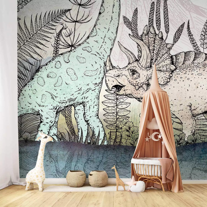 Fototapetes ar dinozauriem - Trikeratops, tiranozaurs un diplodokss G-ART