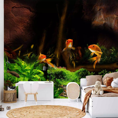 Wall Murals - three goldfish in a dark cave with green flora, 61264 G-art