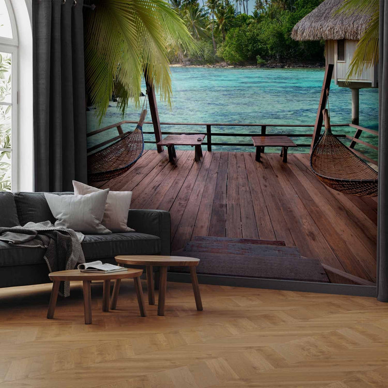 Fototapetes - Tropiskā ainava ar palmām un koka mājiņām, 61707 G-ART