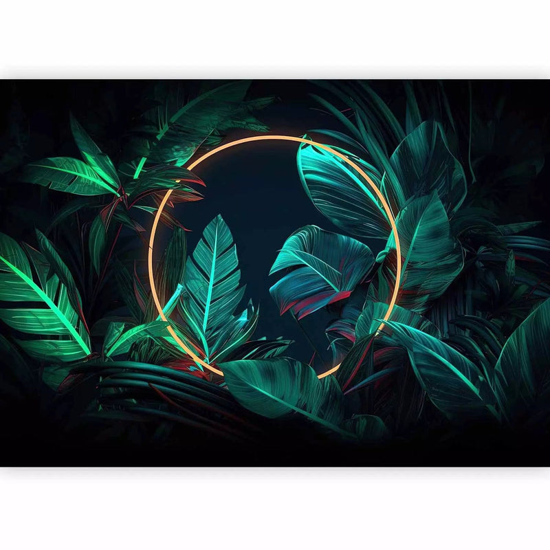 Wall Murals with jungle - tropical leaves with neon gold circle, 150665 g -art