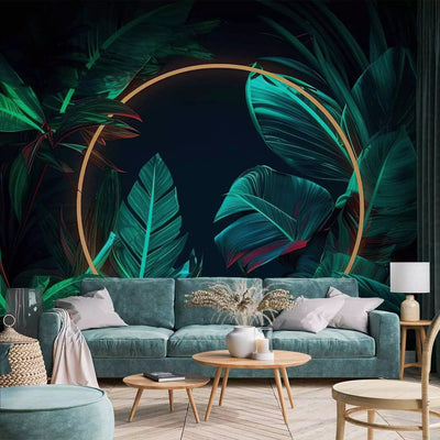 Wall Murals with jungle - tropical leaves with neon gold circle, 150665 g -art