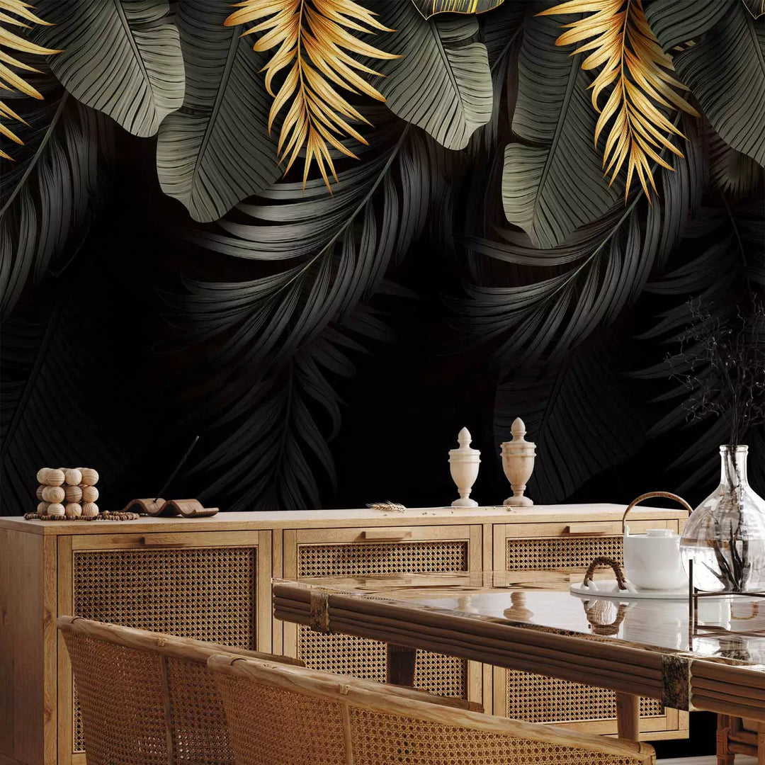 Fototapetes - Tropu lapas zaļos un zelta toņos uz tumša fona G-ART