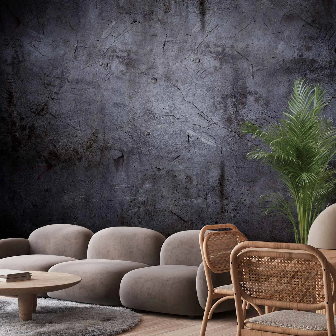 Dark gray photo wallpaper with a realistic concrete texture, cracks, scratches, and darker corners (vignette effect) in an industrial grunge style.