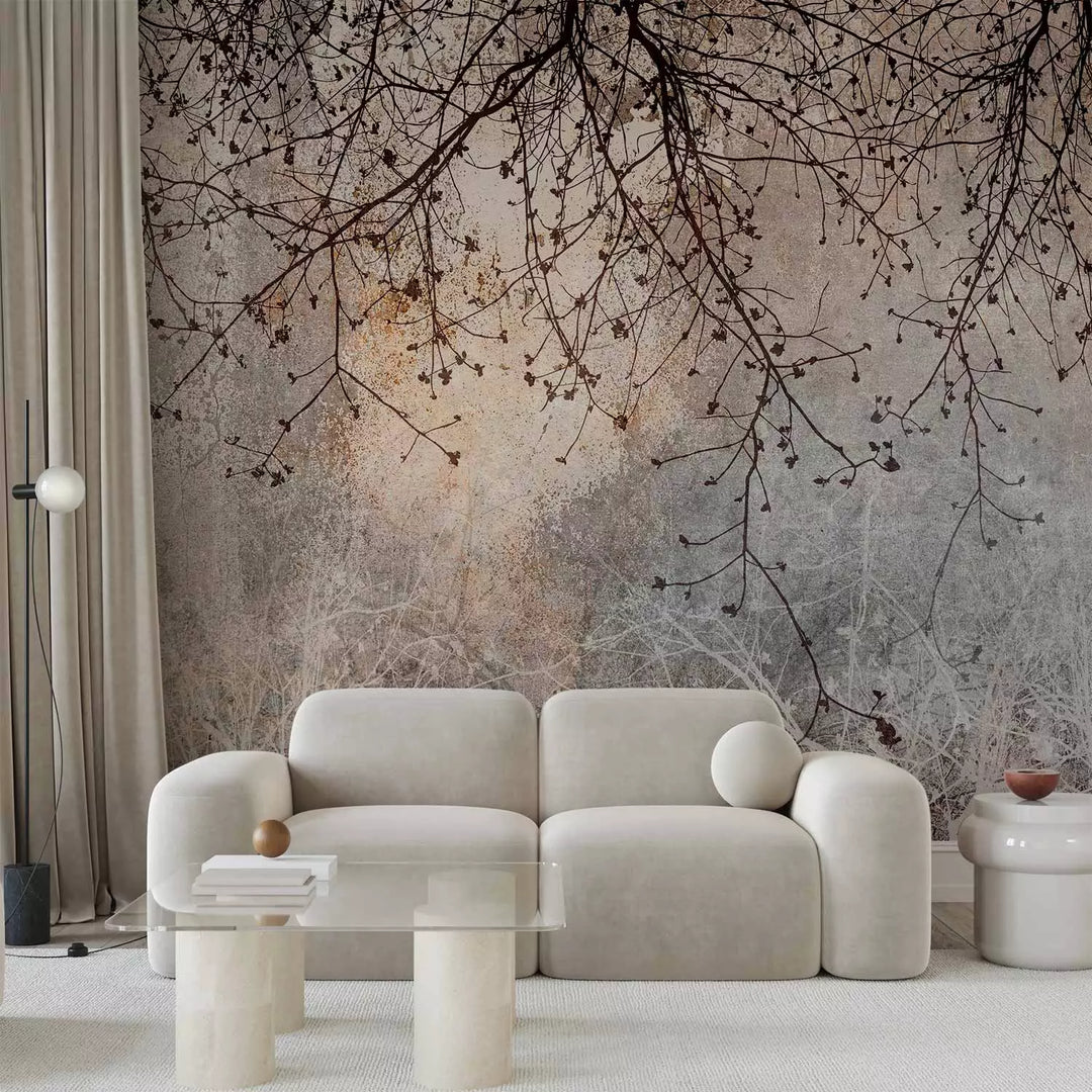 Fototapetes - Tumšas koku zari uz pelēka fona, bez smaržas G-ART