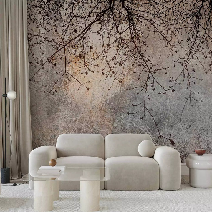 Fototapetes - Tumšas koku zari uz pelēka fona, bez smaržas G-ART