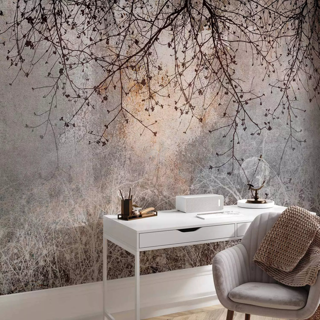 Fototapetes - Tumšas koku zari uz pelēka fona, bez smaržas G-ART