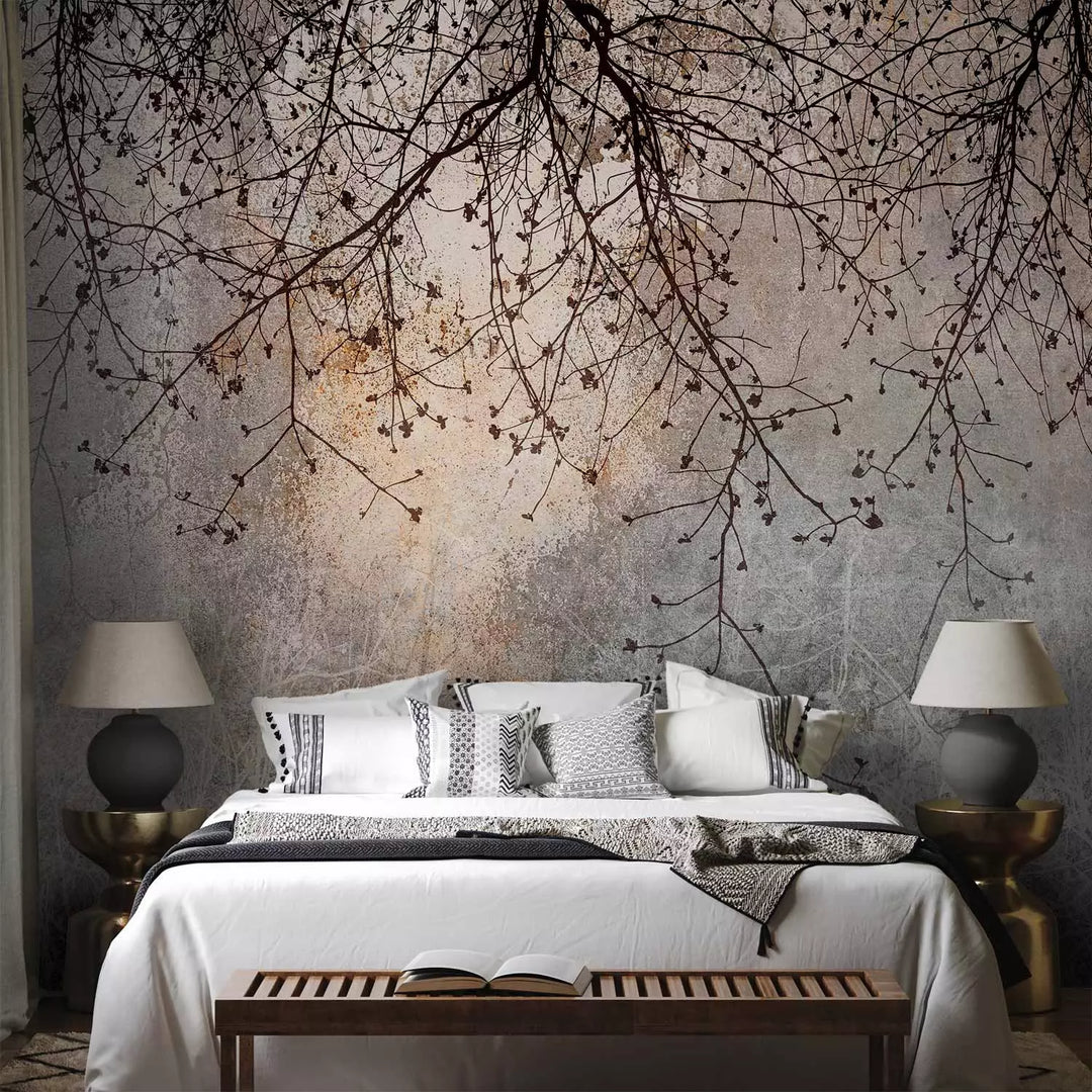 Fototapetes - Tumšas koku zari uz pelēka fona, bez smaržas G-ART