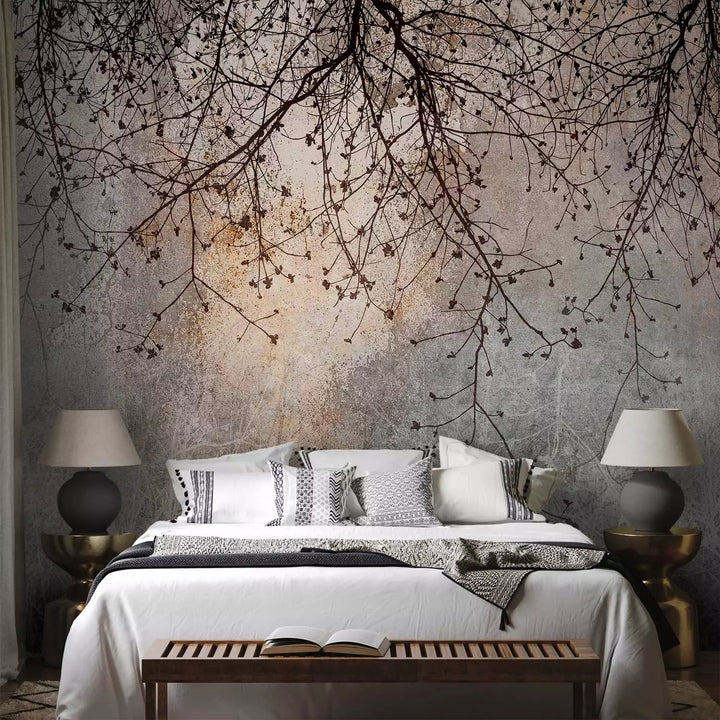 Fototapetes - Tumšas koku zari uz pelēka fona, bez smaržas G-ART