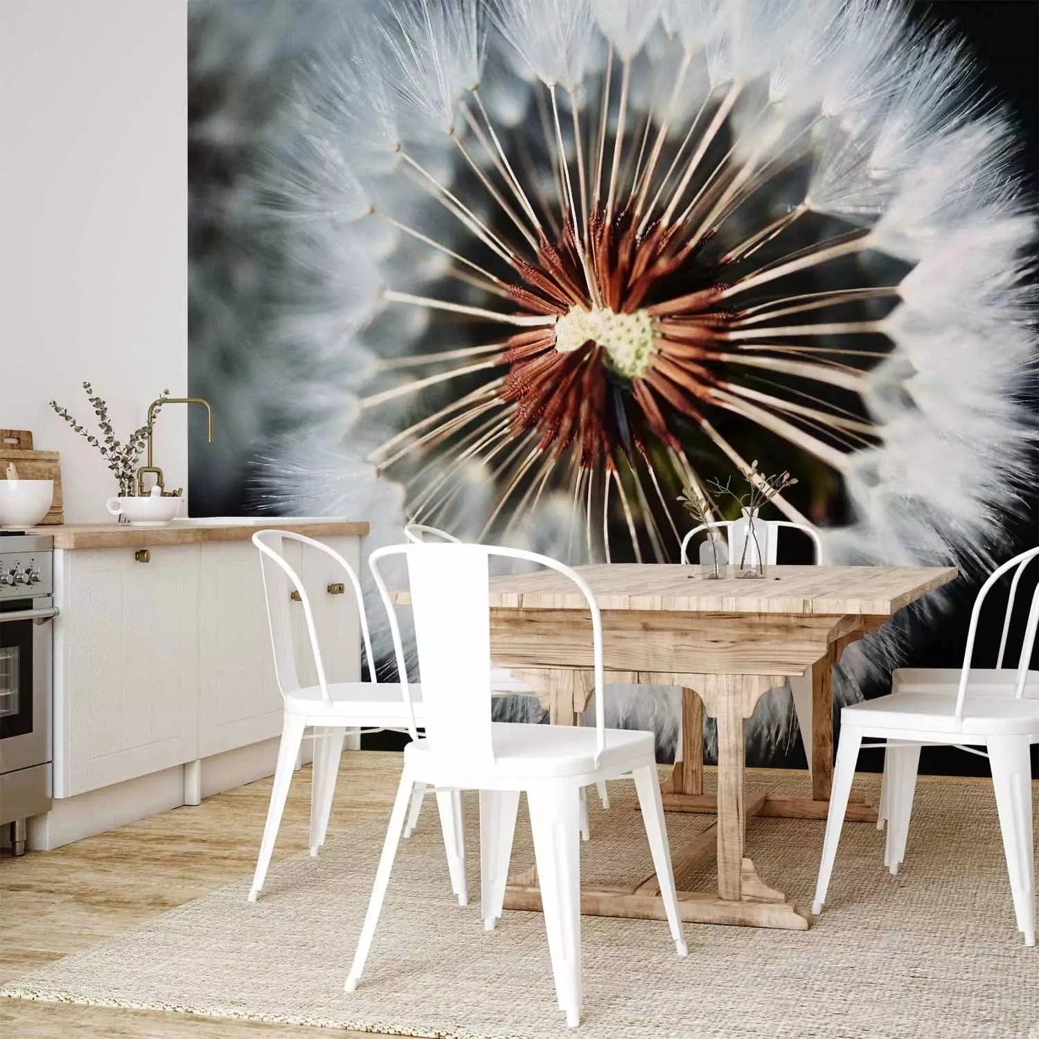 Fototapetes - Tuvplāns ar pienenēm uz melna fona - interjerā G-ART