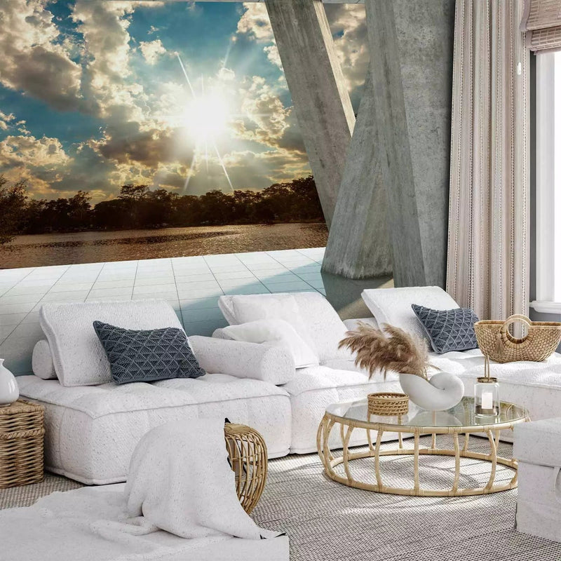 3D Wall Murals with a column view of the lake and sunset, 64867, buy G-Art