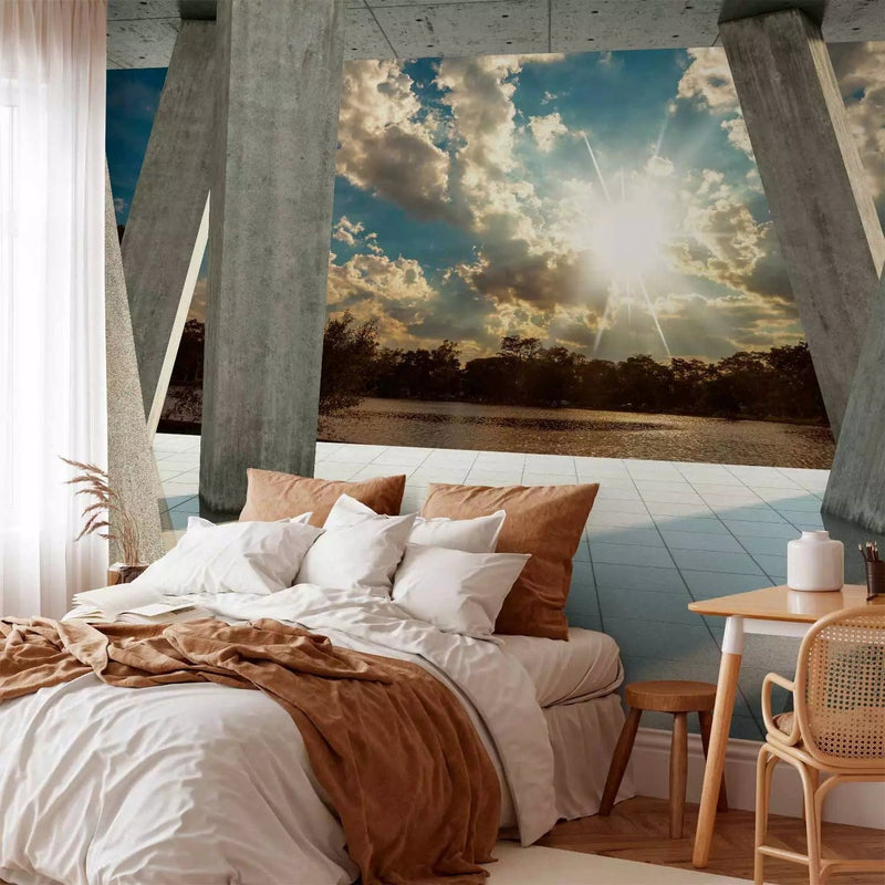 3D Wall Murals with a column view of the lake and sunset, 64867, buy G-Art