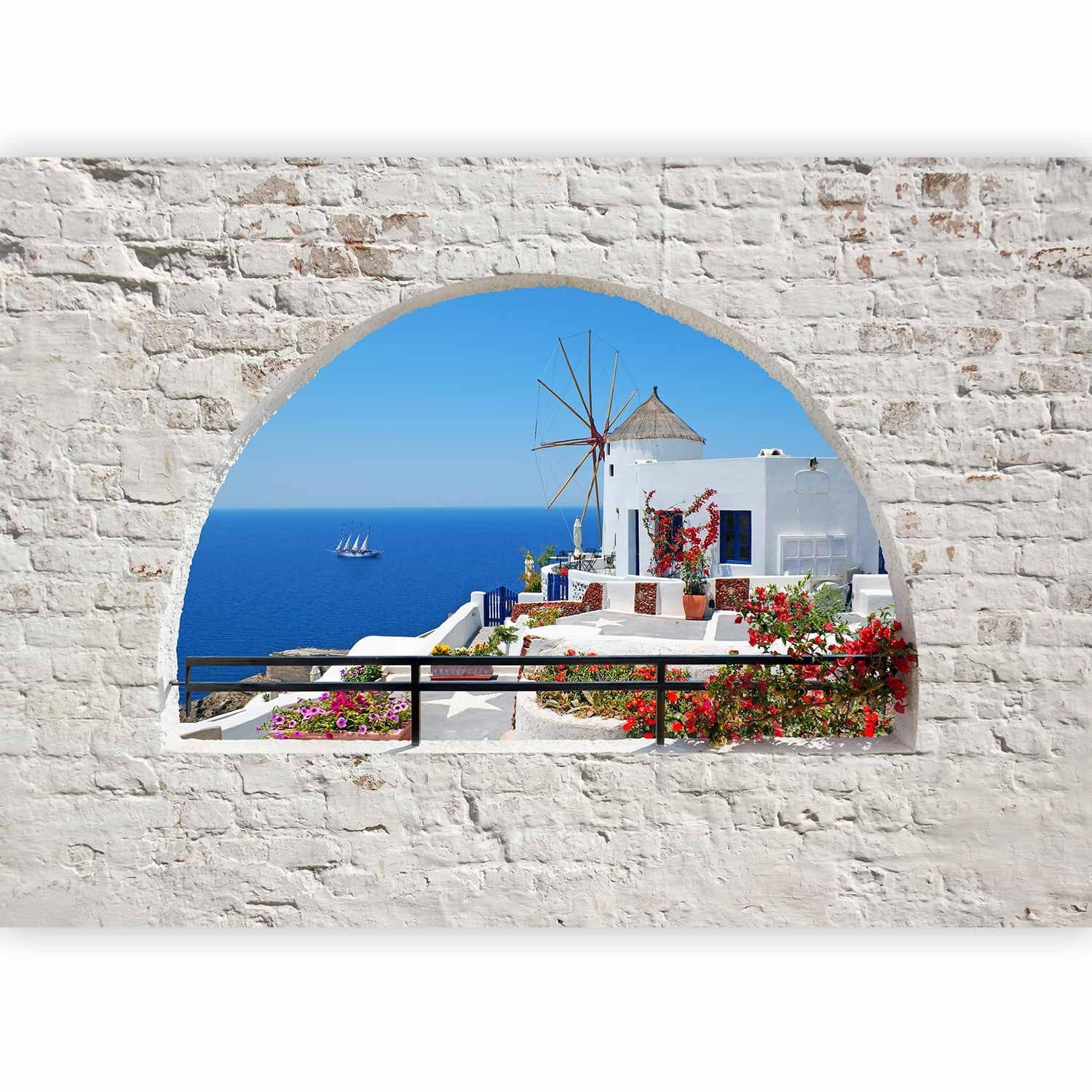 Fototapetes -  ainava ar tirkīza jūru un baltu ķieģeļu ieskautu salu G-ART