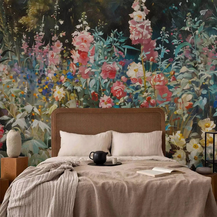 Fototapetes - Vasaras dārzs - ziedi pilnā krāšņumā uz zaļa fona G-ART