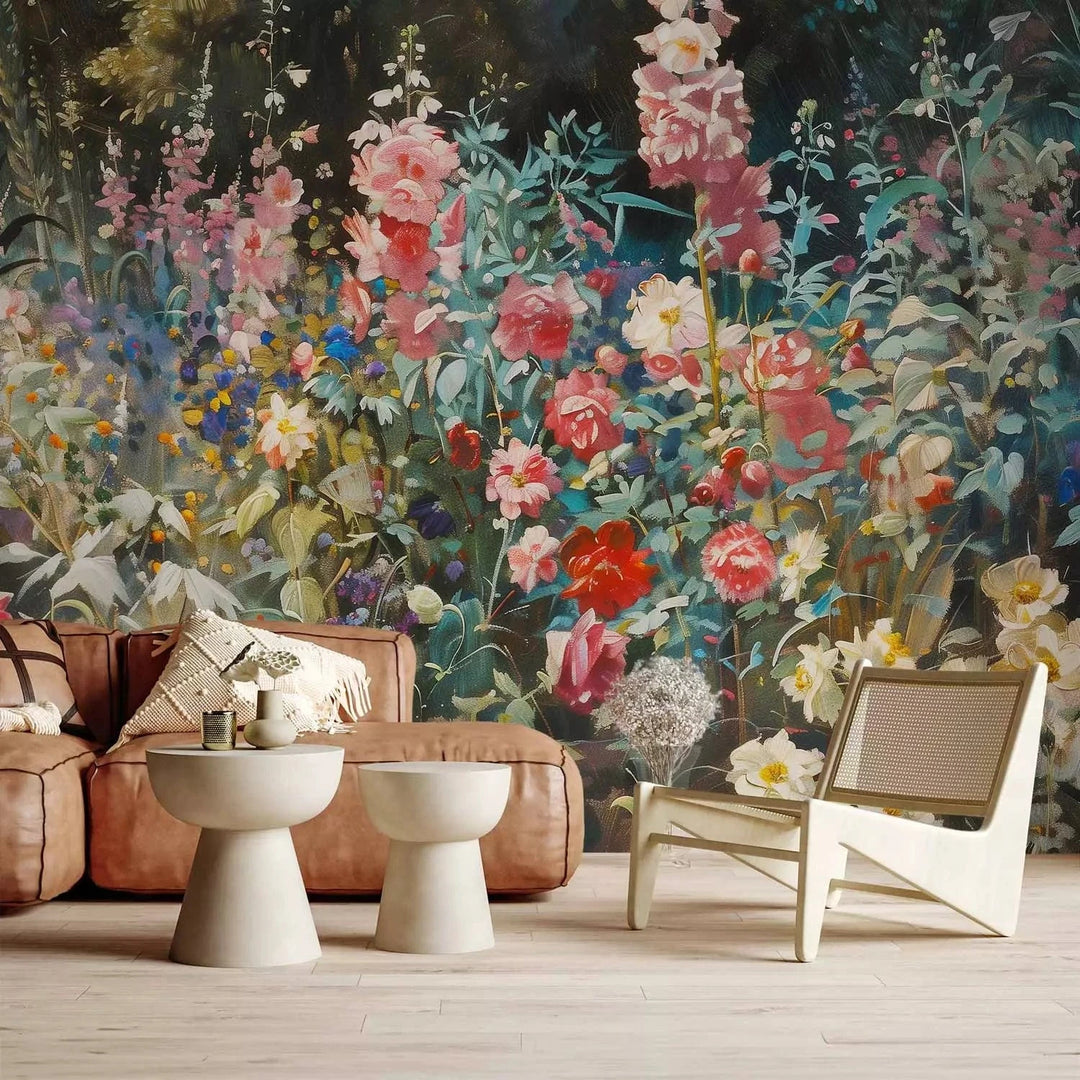 Fototapetes - Vasaras dārzs - ziedi pilnā krāšņumā uz zaļa fona G-ART