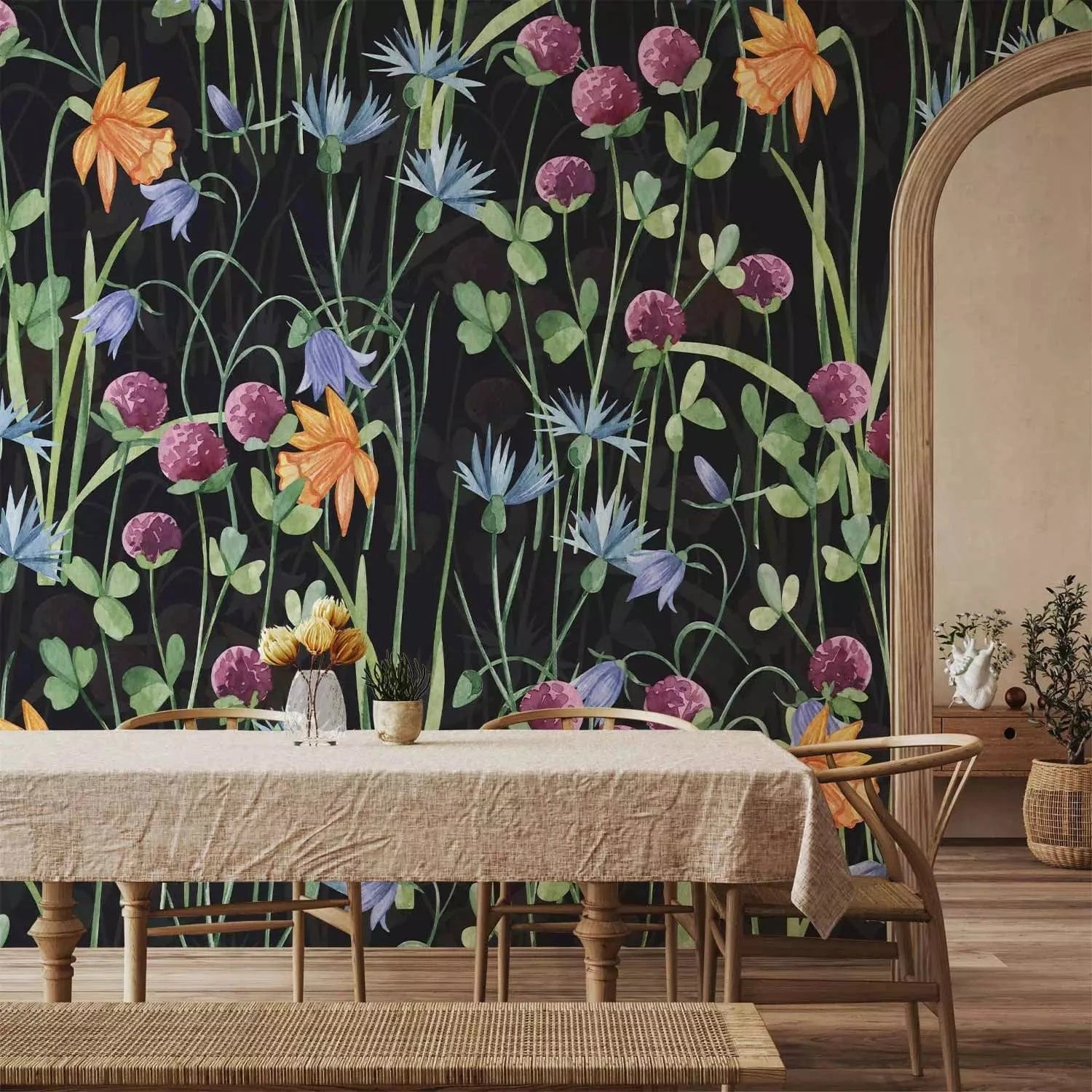 Fototapetes - Vasaras pļava – savvaļas ziedi un zāle uz melna fona G-ART