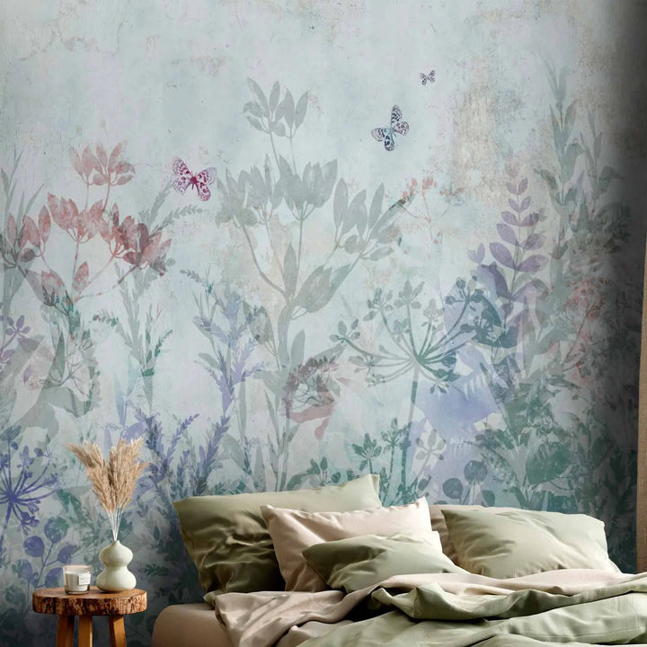 Fototapetes - Vasaras pļavas | maigi ziedi un tauriņi uz zila fona G-ART