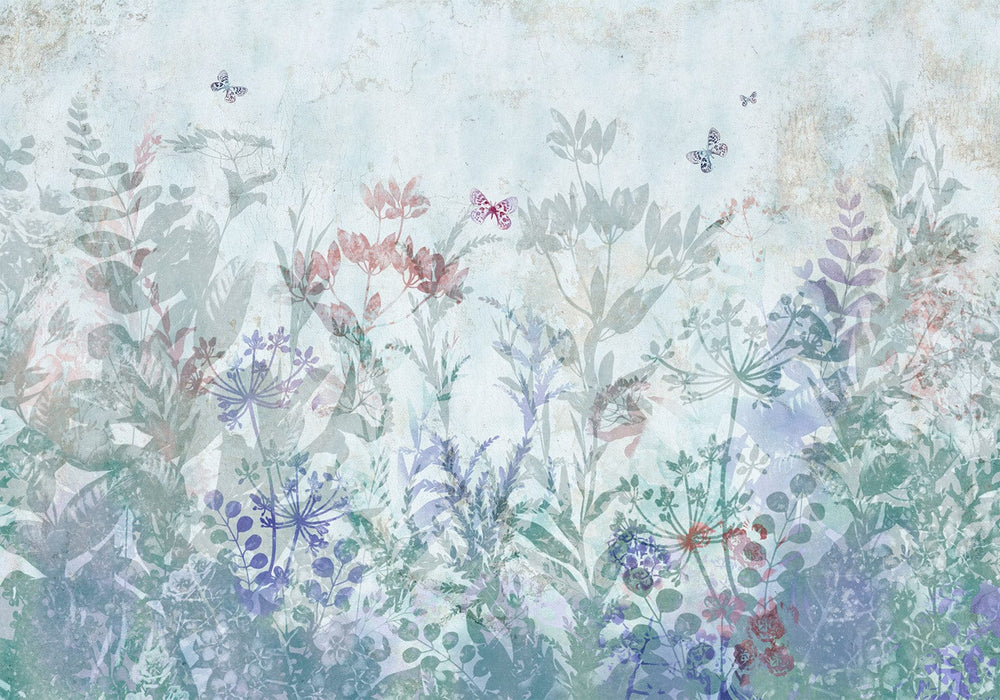 Fototapetes - Vasaras pļavas | maigi ziedi un tauriņi uz zila fona G-ART