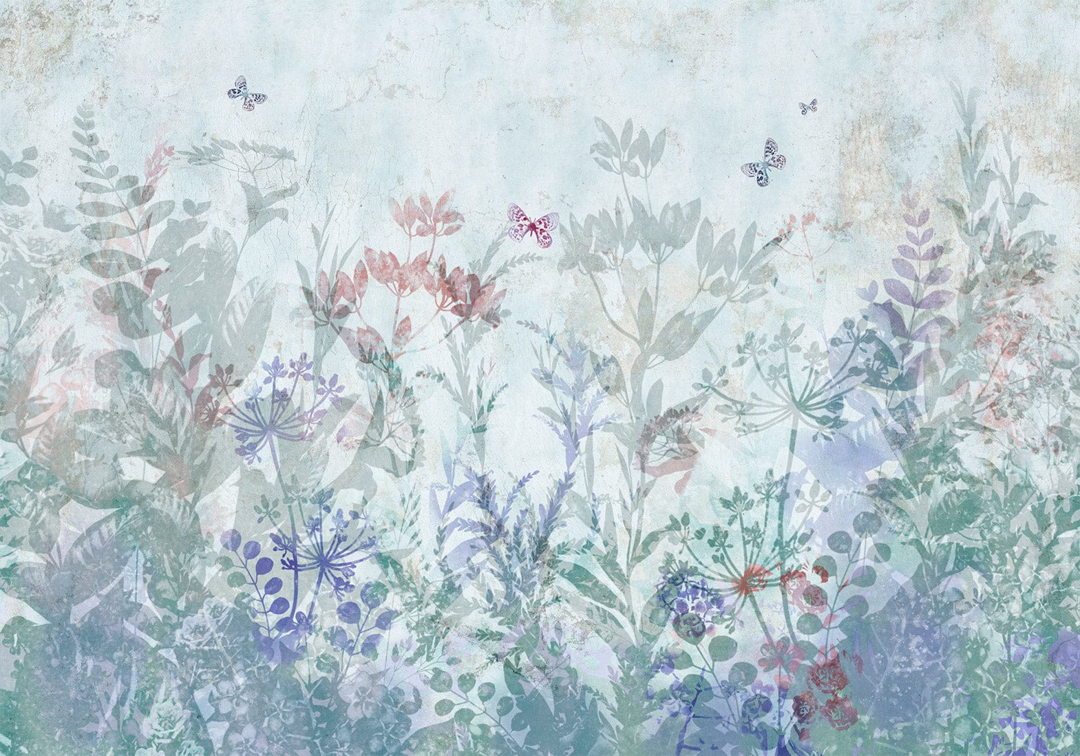 Fototapetes - Vasaras pļavas | maigi ziedi un tauriņi uz zila fona G-ART