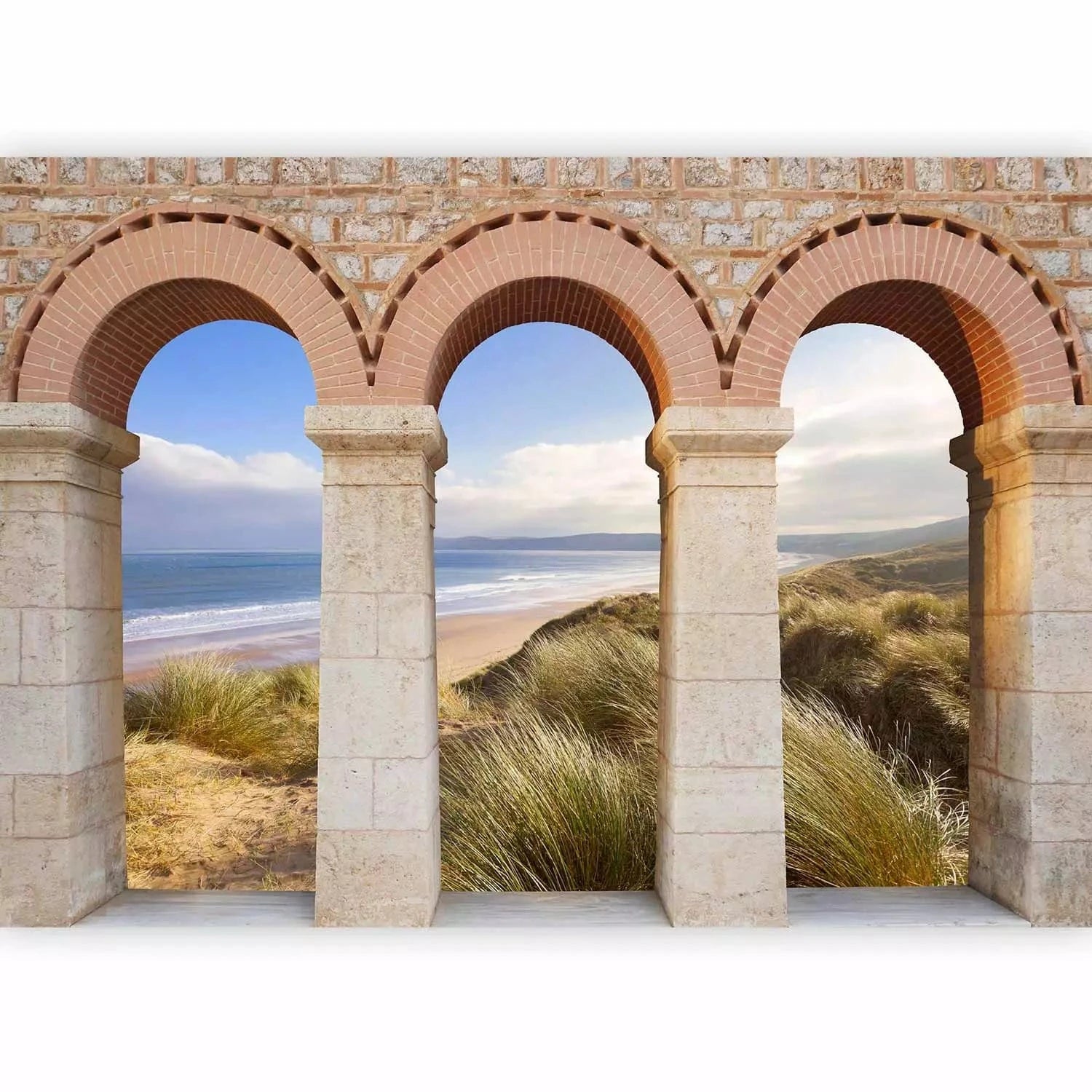 Fototapetes - ainava ar pludmali un jūru, ko ieskauj akmens kolonnas Tapetenshop.lv