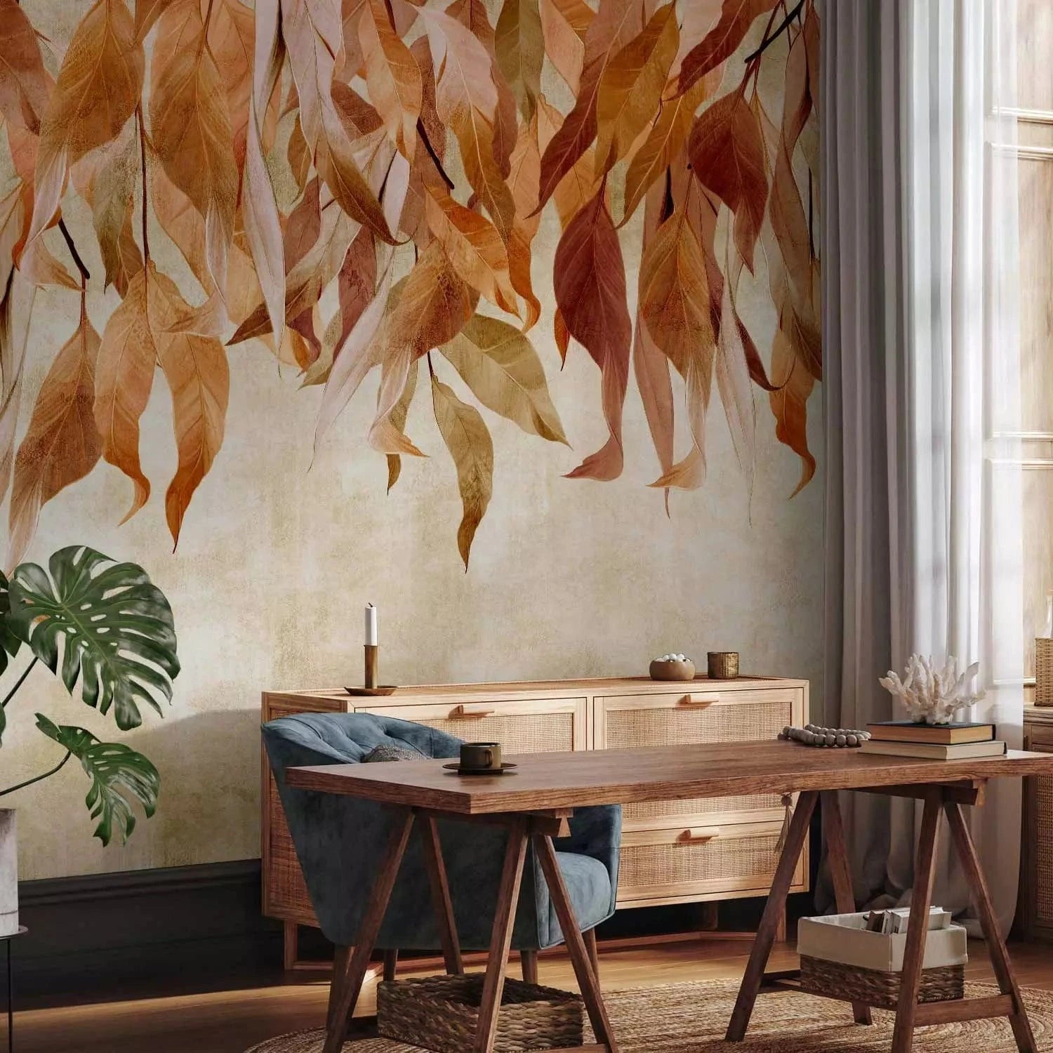 Fototapetes - Vidusjūras daba – ainava ar oranžām lapām uz gaiša fona G-ART