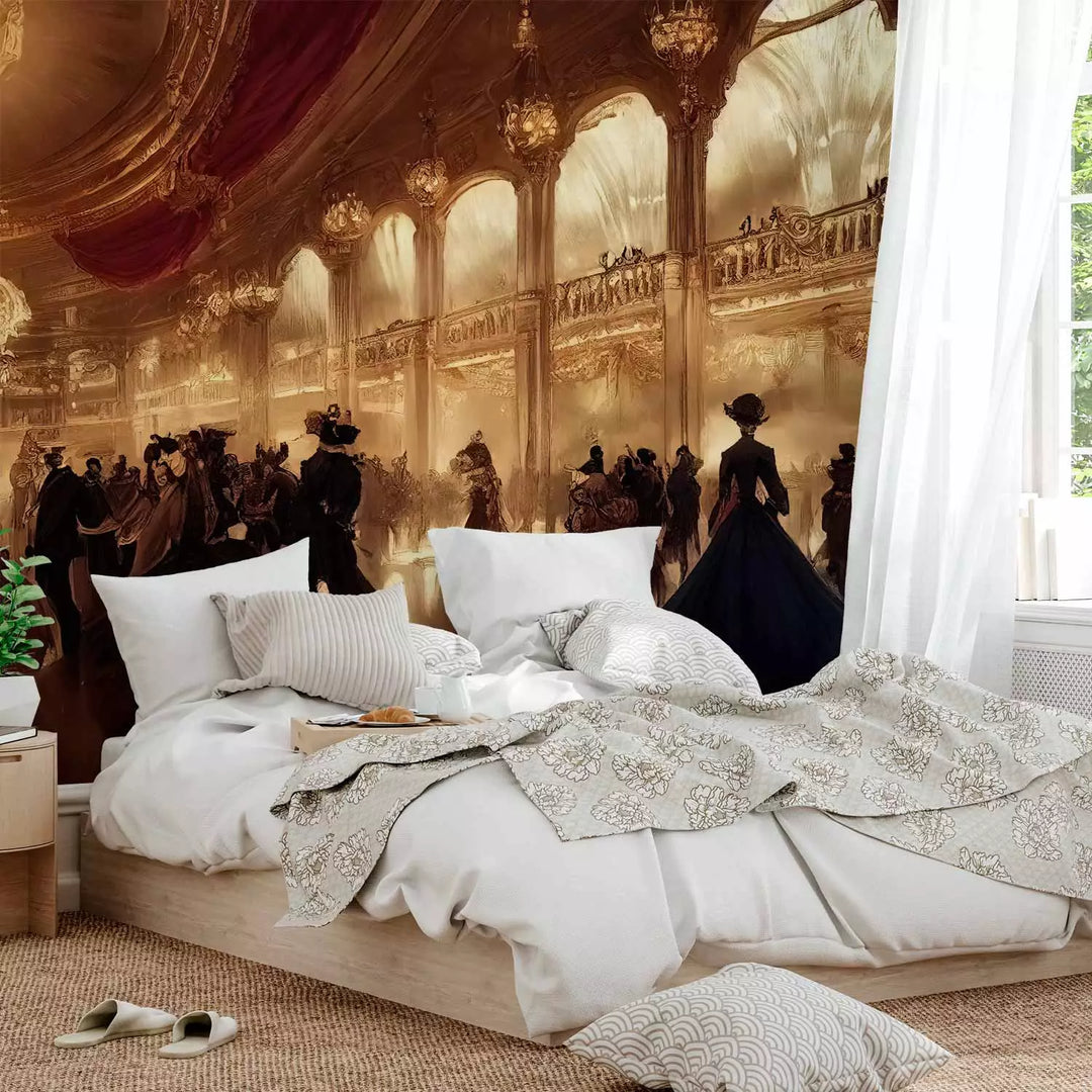 Fototapetes ar vēsturisku šarmu- Viduslaiku balles zāle zelta toņos G-ART