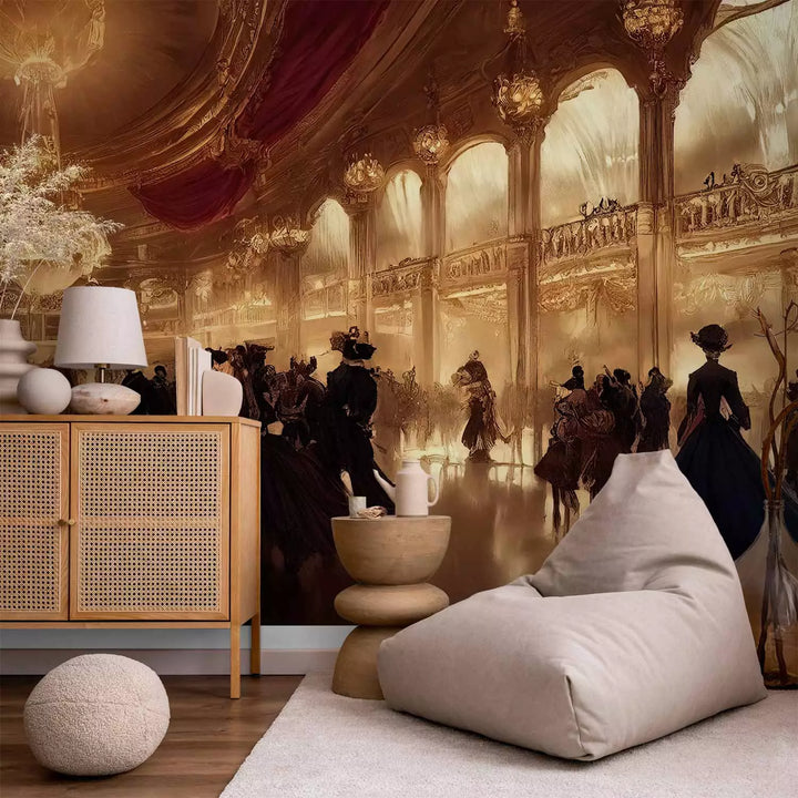 Fototapetes ar vēsturisku šarmu- Viduslaiku balles zāle zelta toņos G-ART