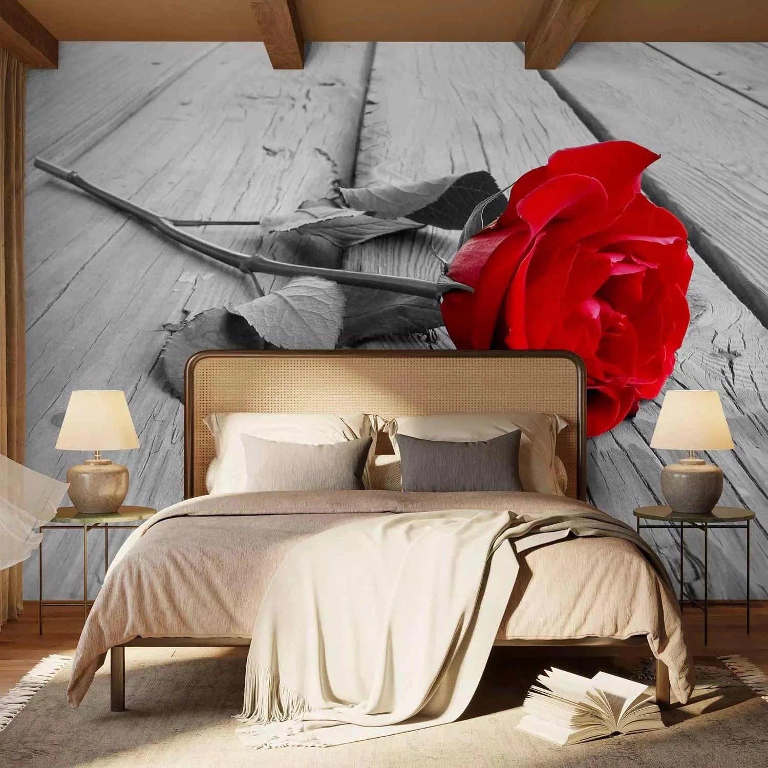 Fototapetes - Vientuļa roze - sarkana roze uz pelēka koka tekstūras G-ART