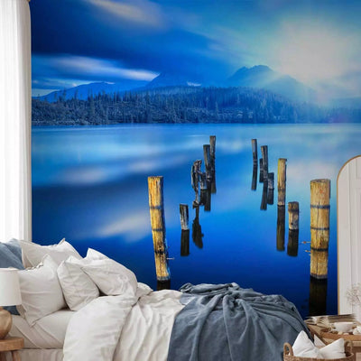 Wall Murals - landscape with lake, forest and mountains in sunlight, 59736G-ART