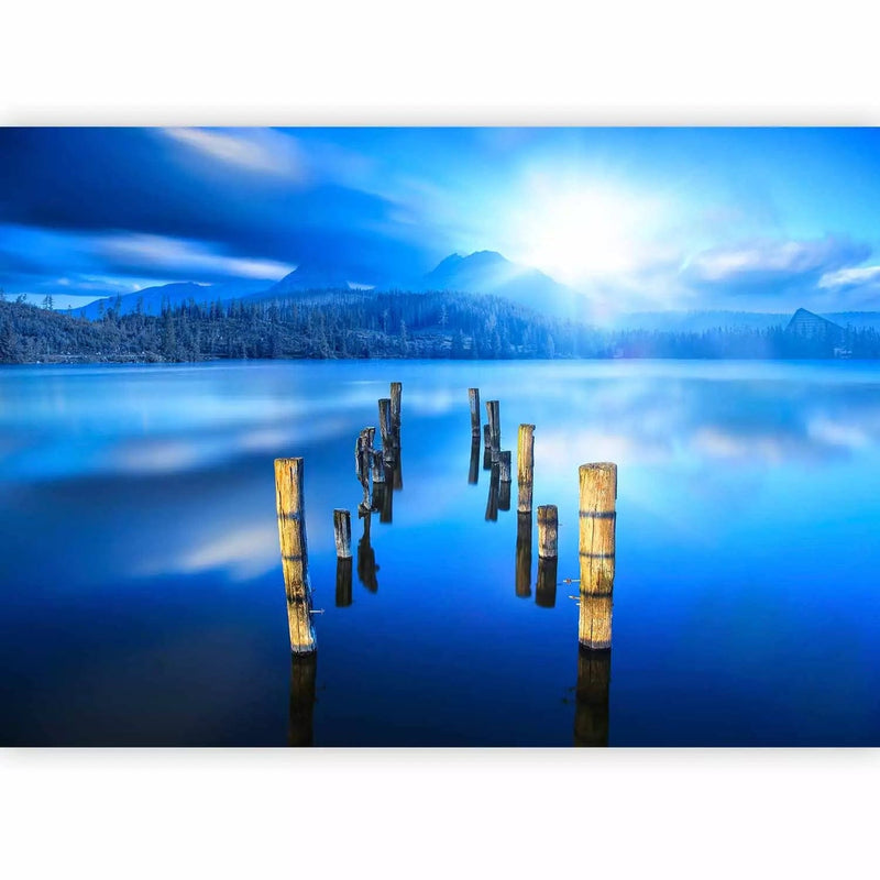 Valokuvatapetti - maisema järvellä, metsällä ja vuorilla auringonvalossa, 59736G-ART
