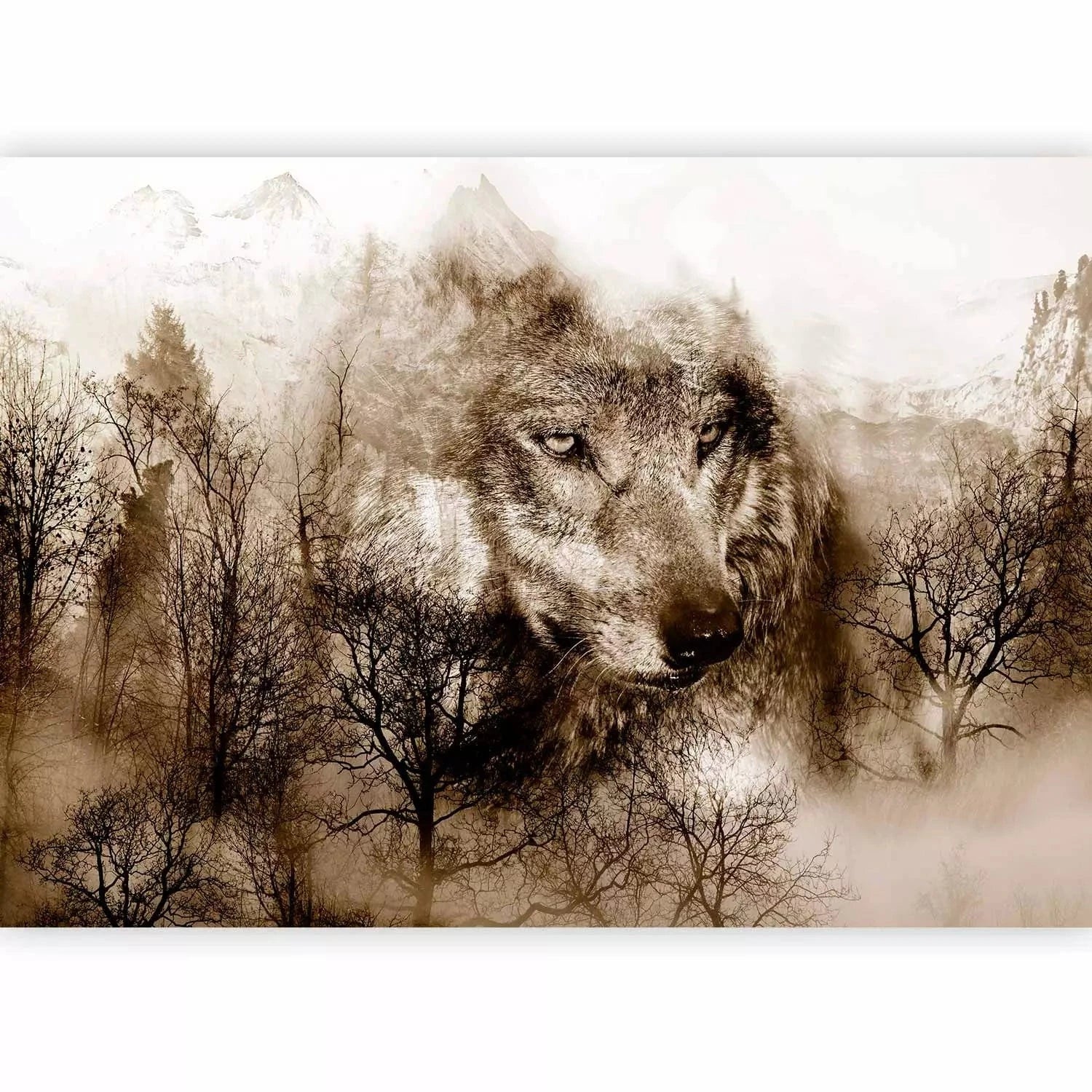 Fototapetes - vientuļš vilks uz meža fona sēpijas krāsā G-ART