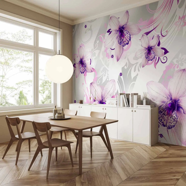 Fototapetes - Purpura toņos ziedi uz fona ar iztēlotiem elementiem G-ART