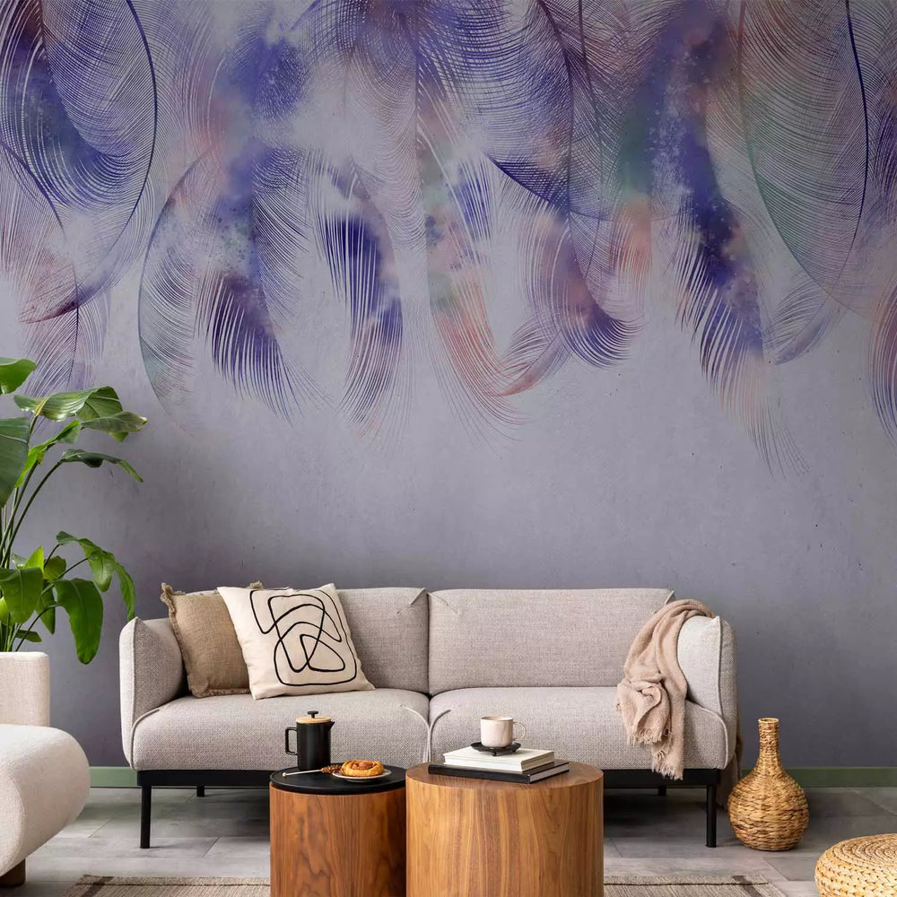 Fototapetes - violetas putnu spalvas ar pelēku teksturētu rakstu fonā G-ART