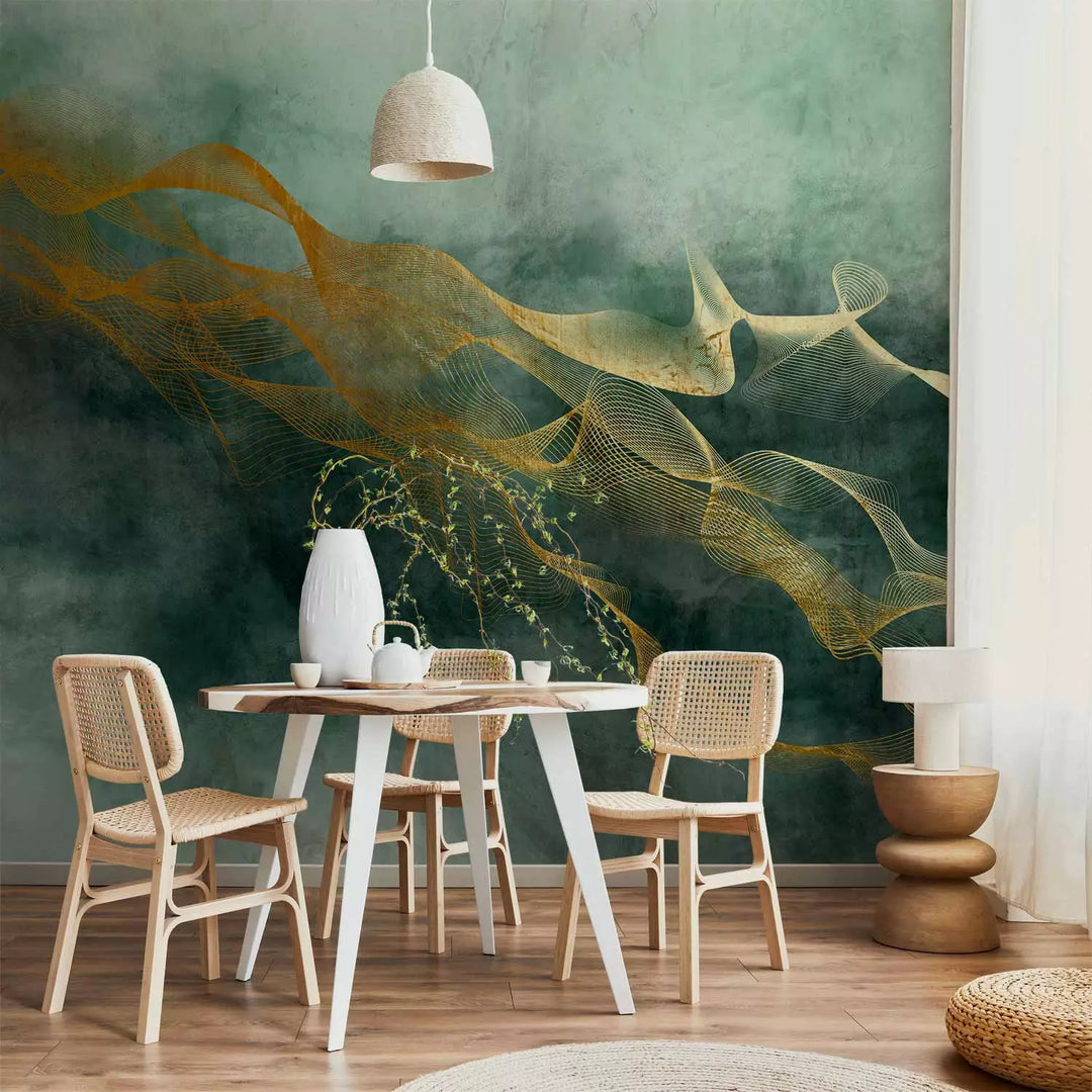 Fototapetes - zaļā akvareļa stila abstrakcija ar zelta rakstu - 138202 G-ART