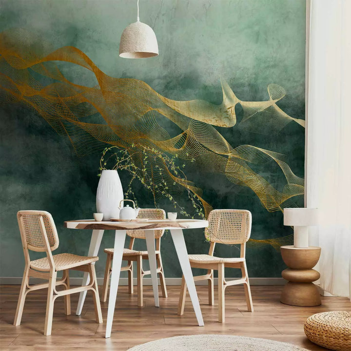 Fototapetes - zaļā akvareļa stila abstrakcija ar zelta rakstu - 138202 G-ART