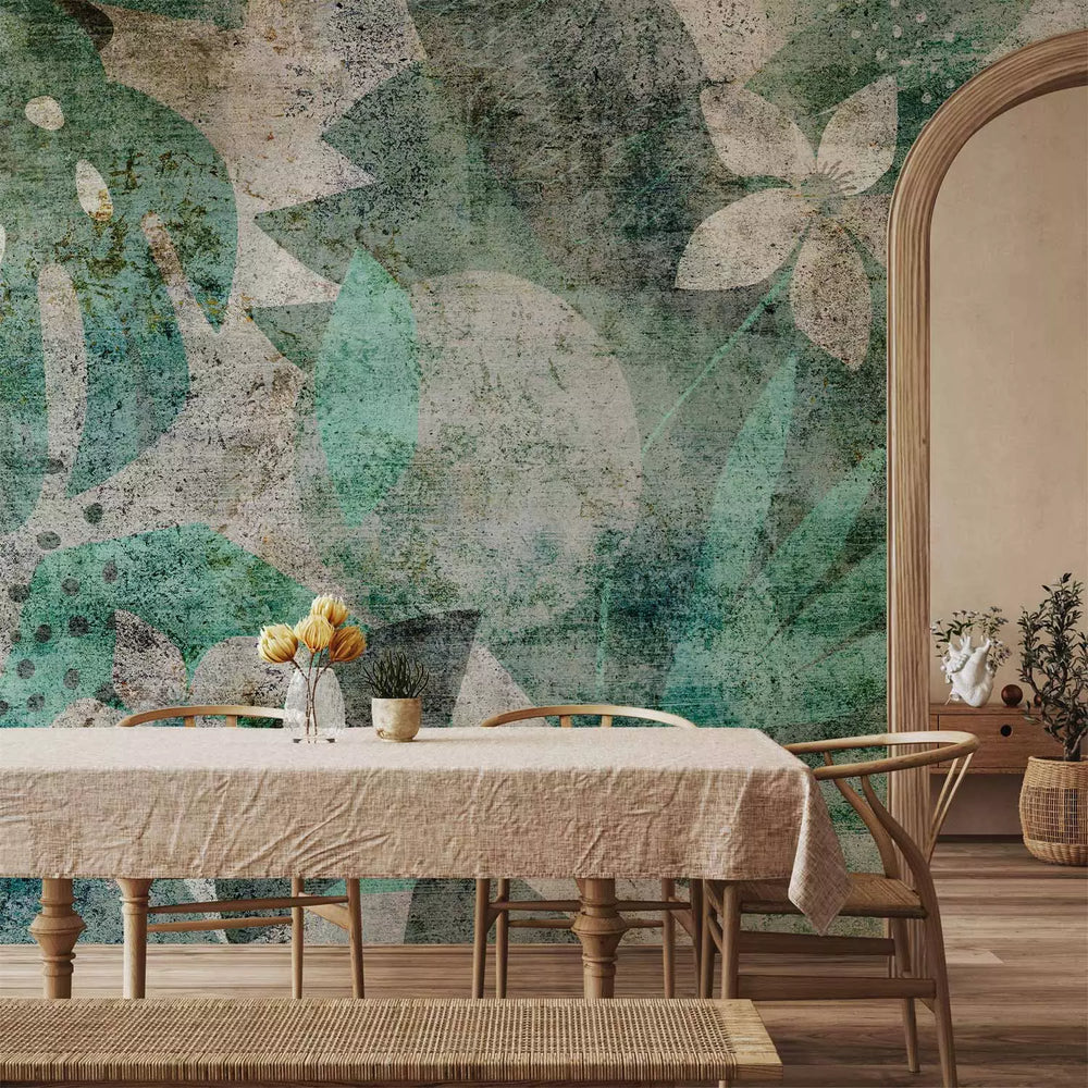 Fototapetes  - zaļas lapas un ziedi zaļa krāsā vintāžas stilā - 136092 G-ART