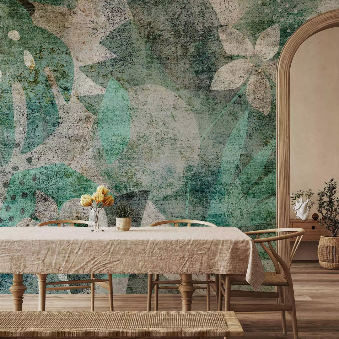 Fototapetes  - zaļas lapas un ziedi zaļa krāsā vintāžas stilā - 136092 G-ART