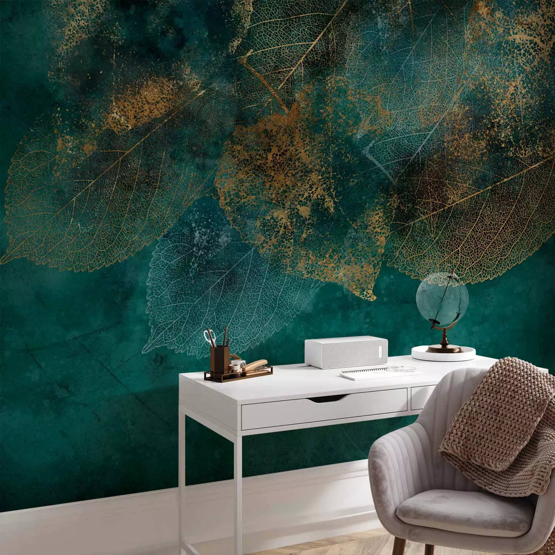 Fototapetes - Zelta lapu struktūra - uz tirkīza fona G-ART