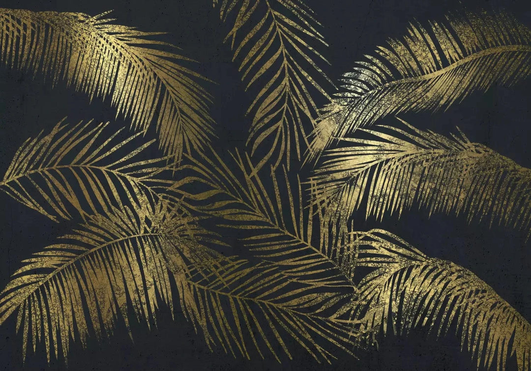 Fototapetes - Zelta palmu lapas uz melna fona - elegants interjers G-ART