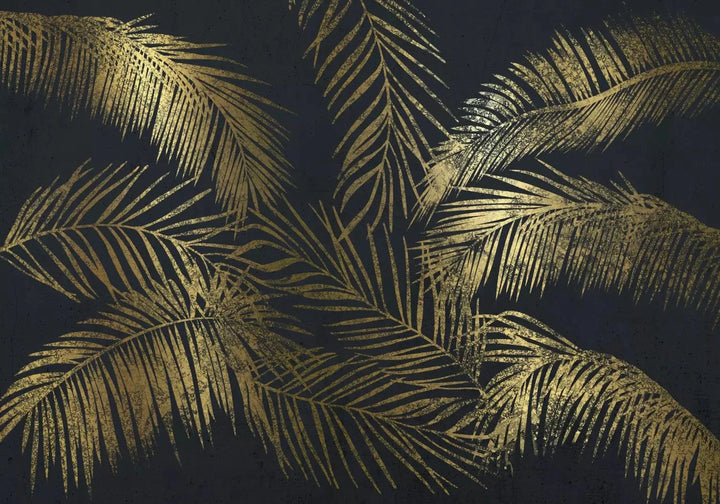 Fototapetes - Zelta palmu lapas uz melna fona - elegants interjers G-ART